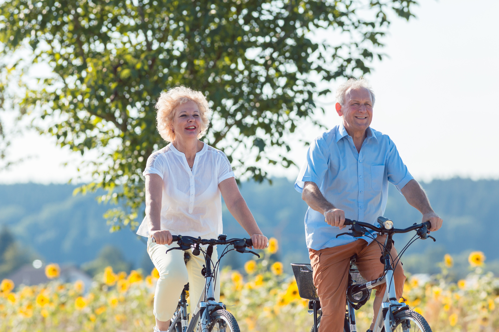 Active Elderly Couple Riding Bicycles  